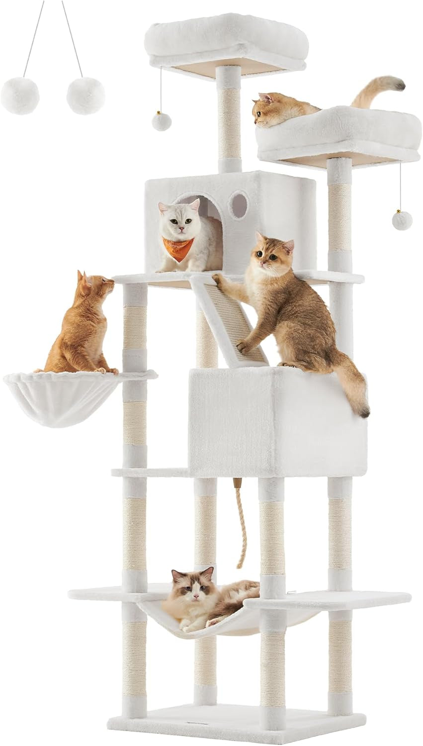 Cat Tree, 81.1-Inch Large Cat Tower with 13 Scratching Posts, 2 Perches, 2 Caves, Basket, Hammock, Pompoms, Multi-Level Plush Cat Condo for Indoor Cats, Smoky Gray UPCT190G01