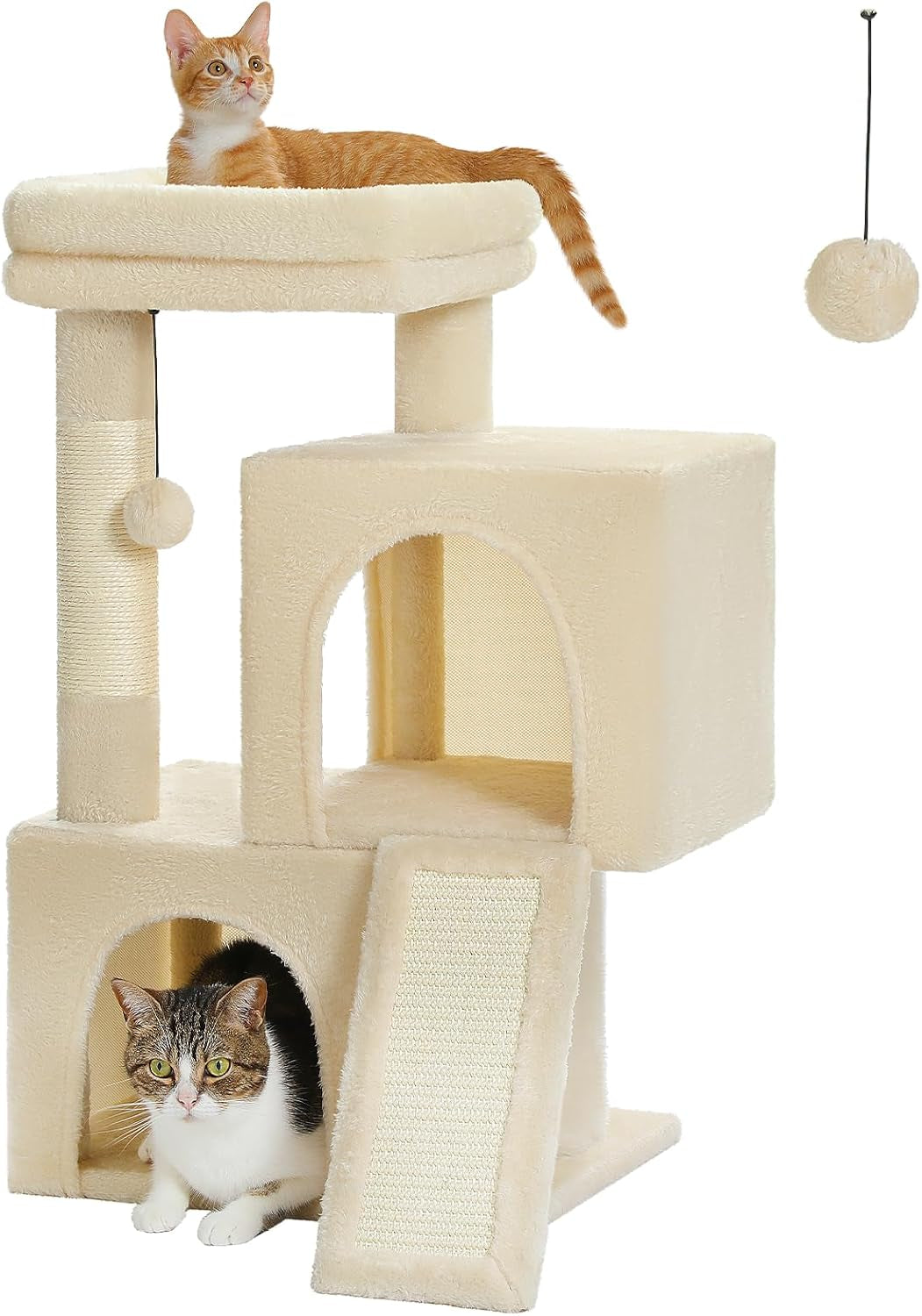 34 Inches Cat Tree Multilevel Cat Tower with Double Condos, Spacious Perch, Fully Wrapped Scratching Sisal Post and Replaceable Dangling Balls Gray