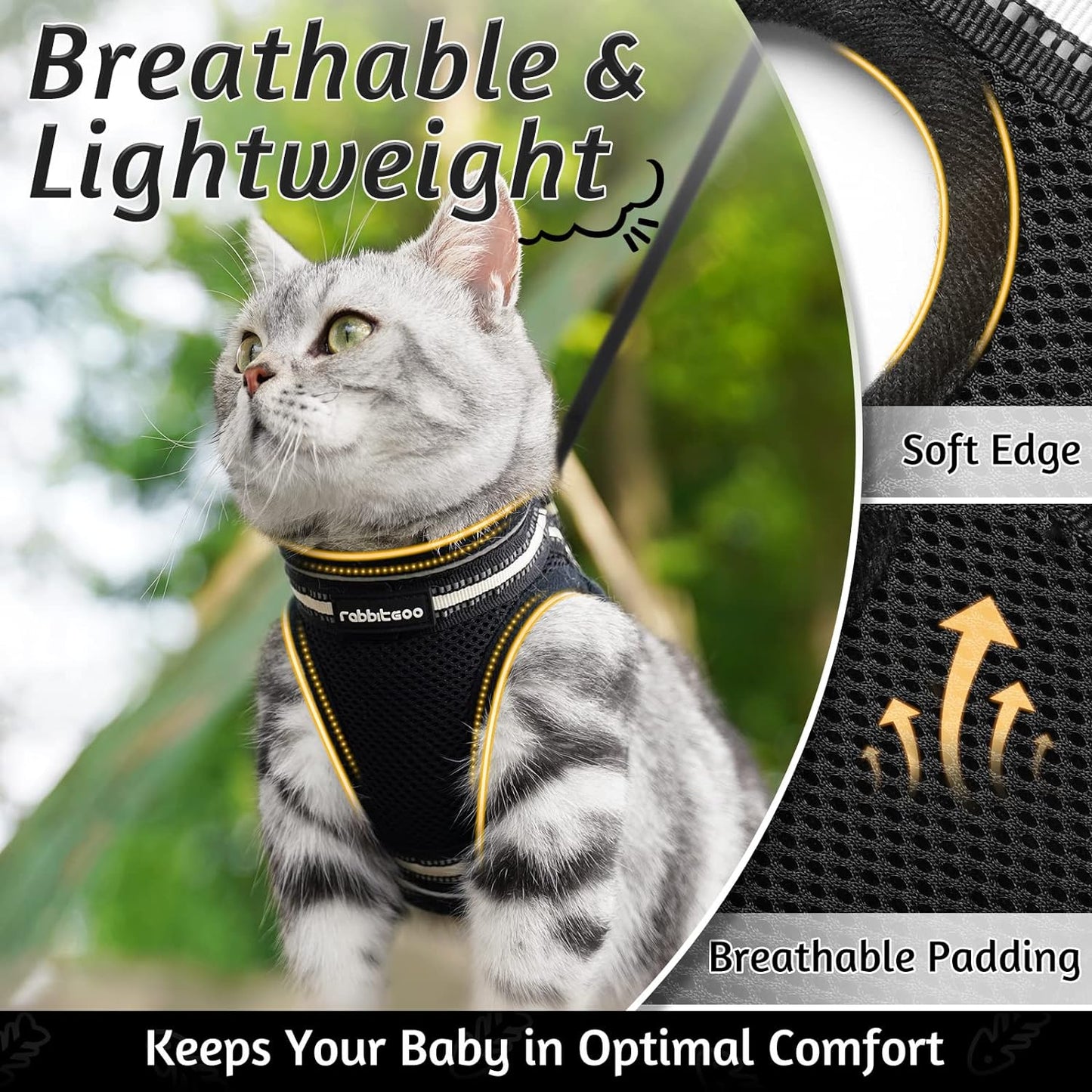 Cat Harness and Leash Set for Walking Escape Proof, Adjustable Soft Kittens Vest with Reflective Strip for Cats, Comfortable Outdoor Vest, Black, Small