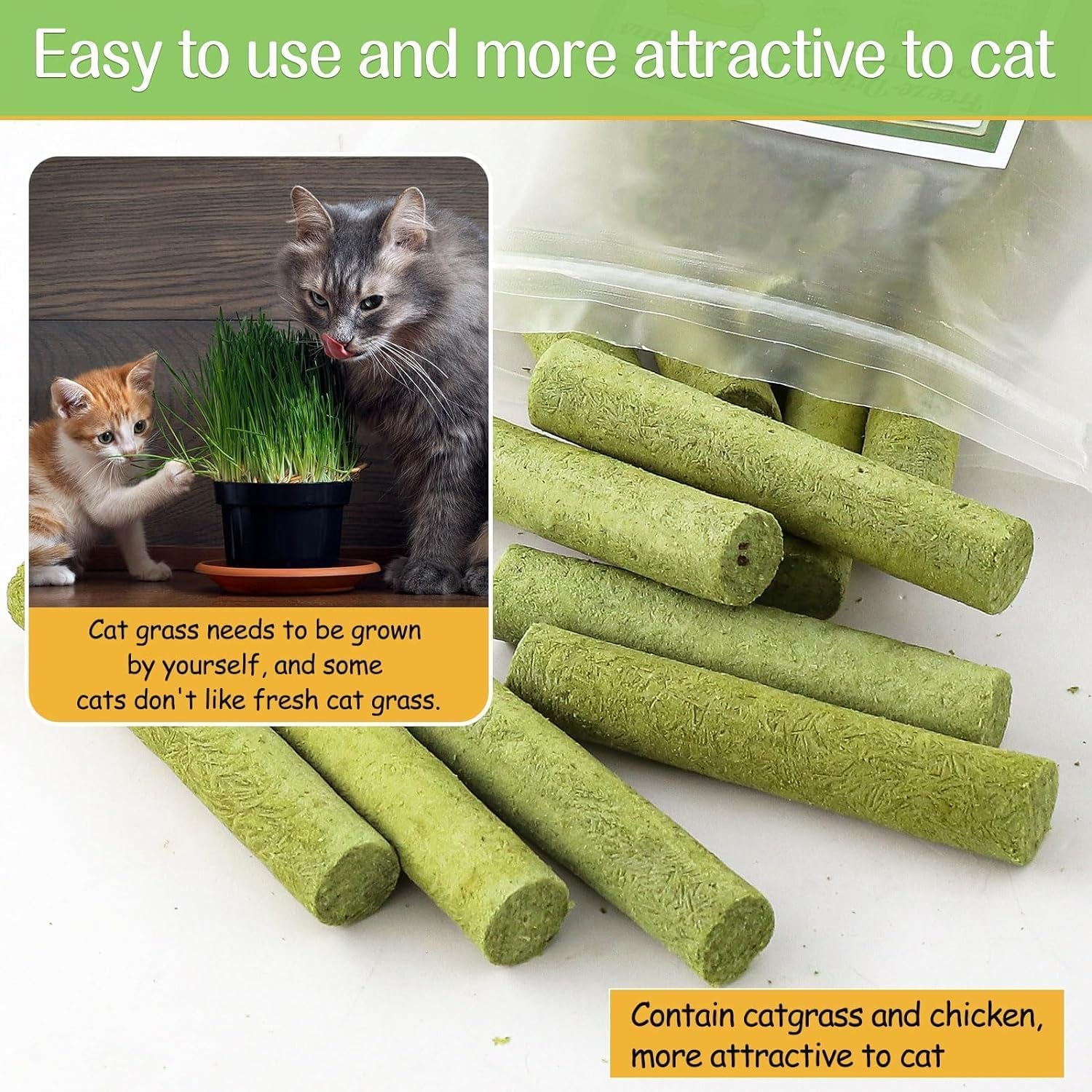 50G Cat Grass Teething Stick for Cat, Natural Dried Cat Grass Treats Snacks for Cats, Edible Cat Chew Toys for Teeth Cleaning and Hairball Removal