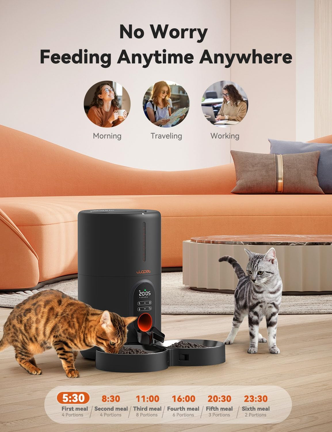 Automatic Cat Feeders 2 Cats, 4L Timed Cat Feeder with Stainless Steel Bowl, Programmable 1-6 Meals Control, Dual Power Supply Auto Pet Feeder for Cats and Dogs