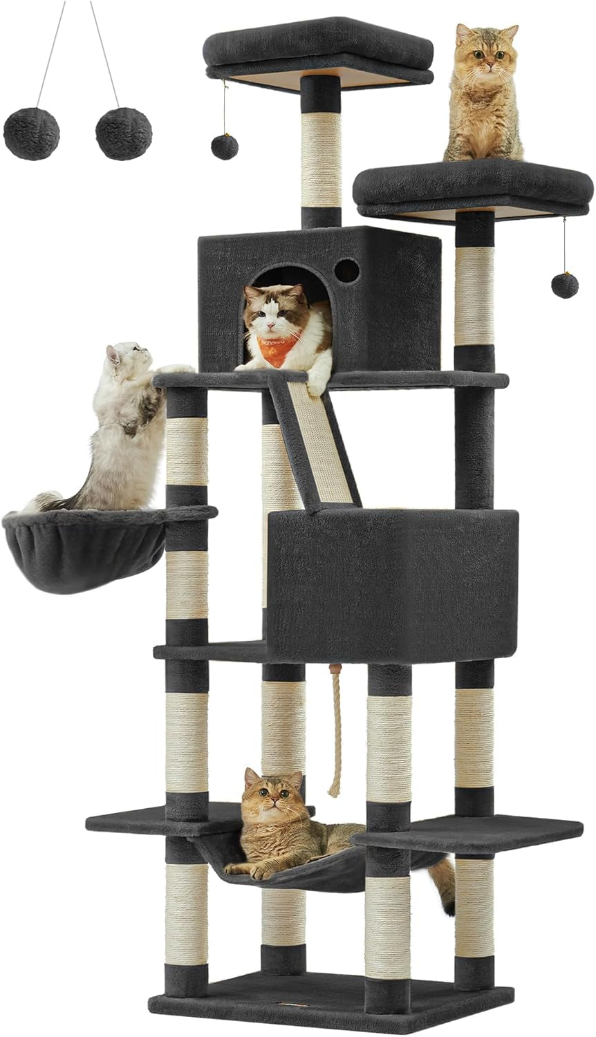 Cat Tree, 81.1-Inch Large Cat Tower with 13 Scratching Posts, 2 Perches, 2 Caves, Basket, Hammock, Pompoms, Multi-Level Plush Cat Condo for Indoor Cats, Smoky Gray UPCT190G01