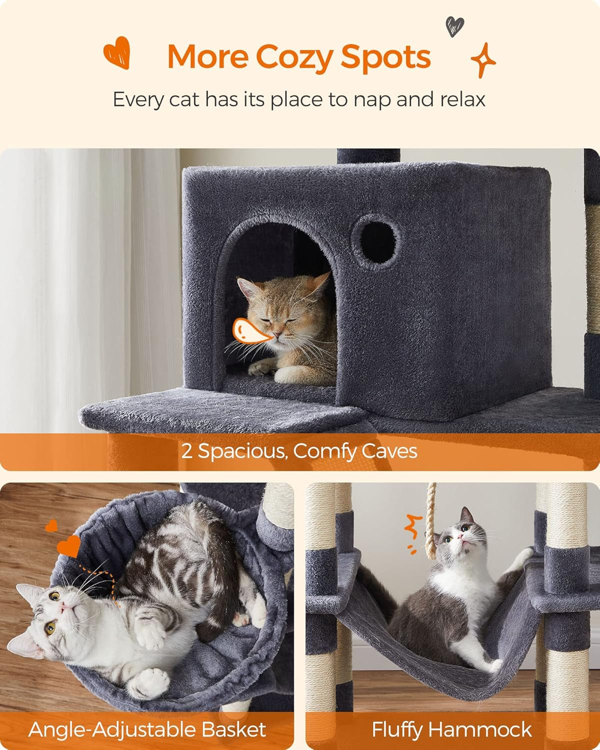 Cat Tree, 81.1-Inch Large Cat Tower with 13 Scratching Posts, 2 Perches, 2 Caves, Basket, Hammock, Pompoms, Multi-Level Plush Cat Condo for Indoor Cats, Smoky Gray UPCT190G01