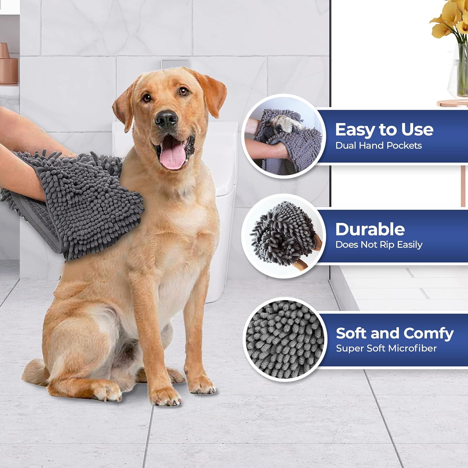 Original Doggy Dryer, Highly Absorbent Microfiber Washable Dog Shammy Quick Drying Towel Absorber - Extra Soft Plush Wrap Chenille Bath Towels to Dry Soggy Large Pets & Small Puppy (Grey)