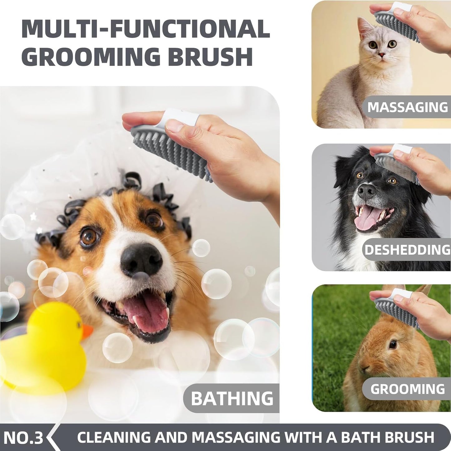 Dog Bath Brush Kit with Dog Towel & Dog Washing Gloves,6 in One Bag Dog Slicker Hair Grooming Brush for Shedding Grooming，Dog Shedding Shampoo Scrubber Brush for Dogs Cats Bath Grey