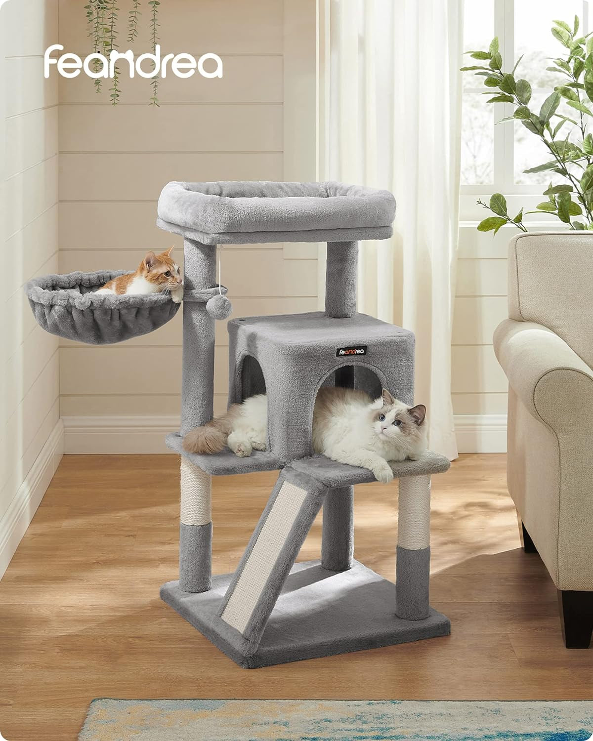 Cat Tree, Small Cat Tower with Widened Perch for Large Cats Indoor, Kittens, 37.8-Inch Multi-Level Cat Condo, Scratching Posts and Ramp, 2-Door Cat Cave, Cat Basket, Light Gray UPCT51W