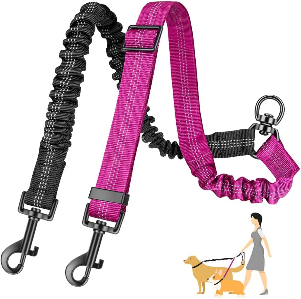 Double Dog Leash Coupler, No Tangle 360° Swivel Dual Leashes for Walking 2 Dogs, Adjustable Length Reflective Splitter Leash for Training, Small, Medium & Large Two Dogs(Black&Fuchsia)