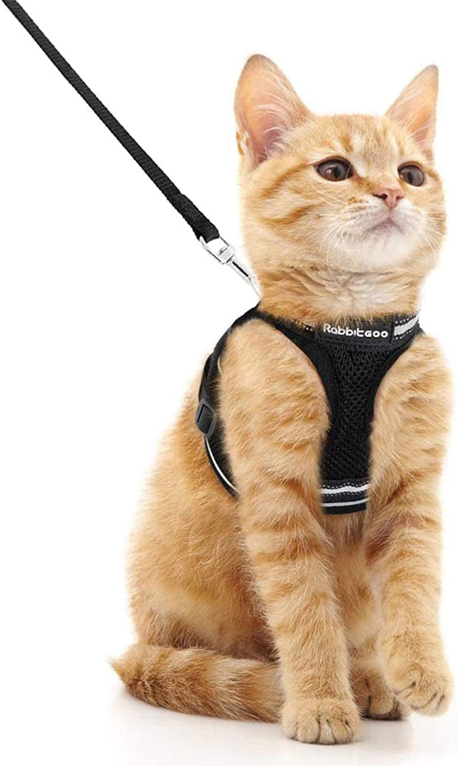 Cat Harness and Leash Set for Walking Escape Proof, Adjustable Soft Kittens Vest with Reflective Strip for Cats, Comfortable Outdoor Vest, Black, Small