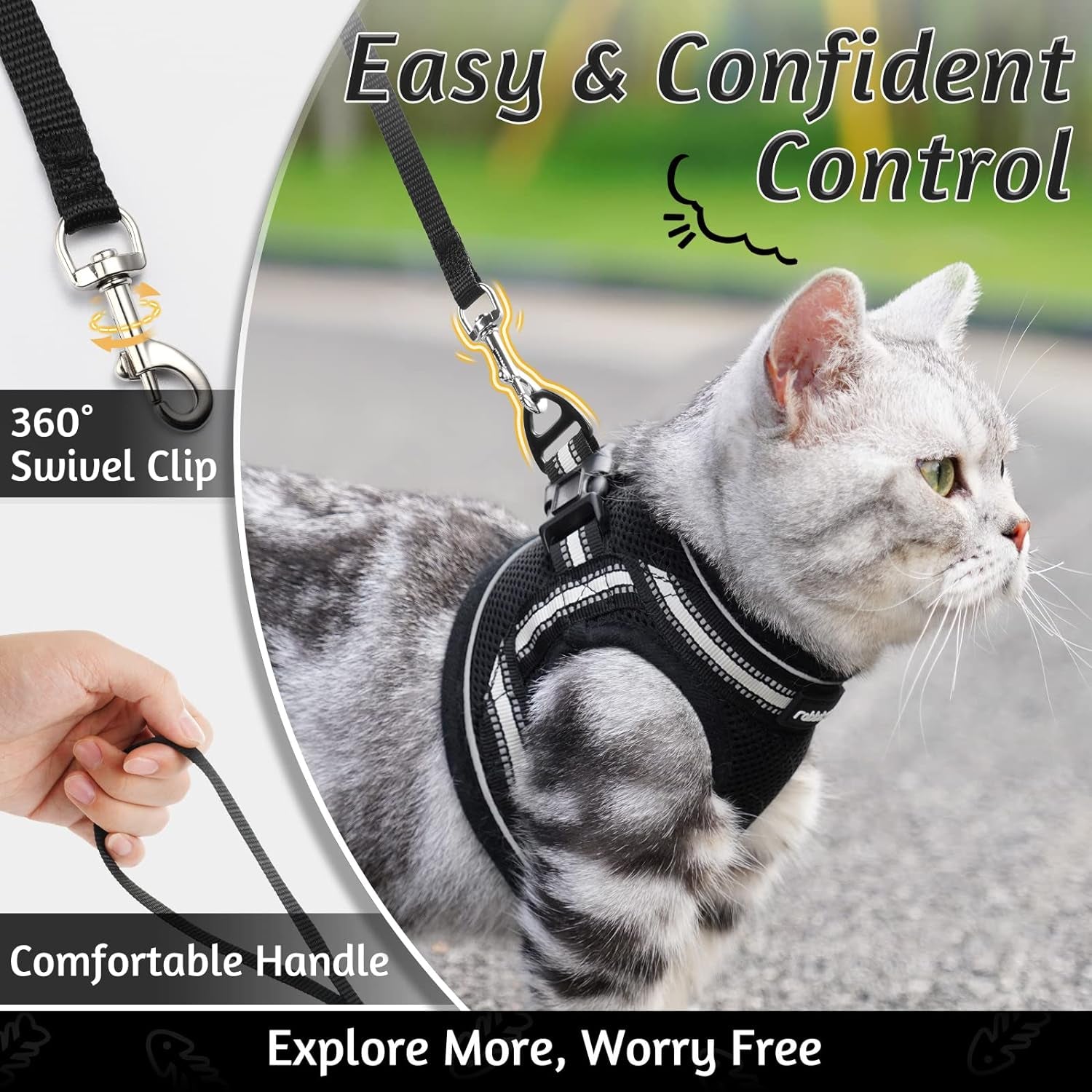 Cat Harness and Leash Set for Walking Escape Proof, Adjustable Soft Kittens Vest with Reflective Strip for Cats, Comfortable Outdoor Vest, Black, Small