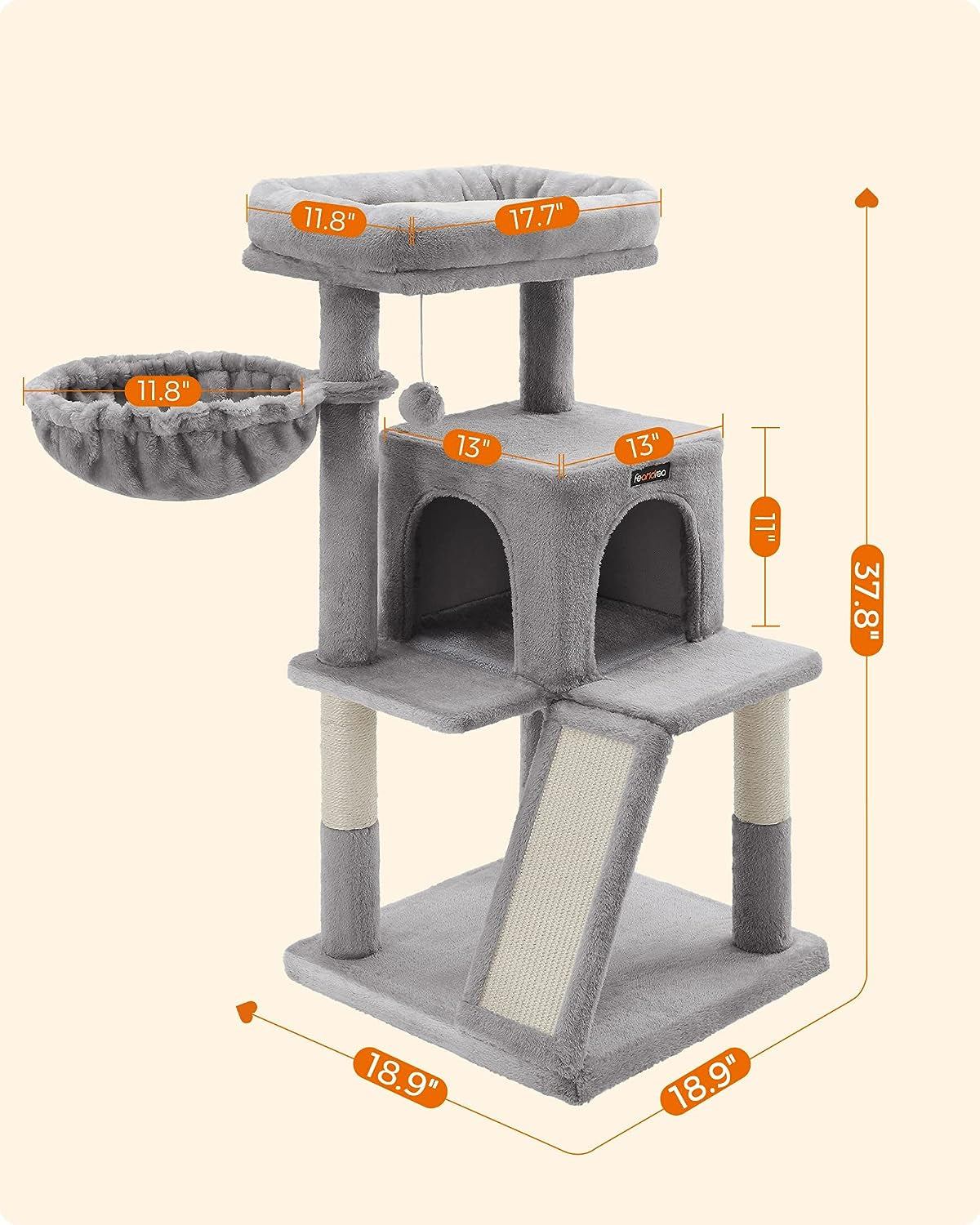 Cat Tree, Small Cat Tower with Widened Perch for Large Cats Indoor, Kittens, 37.8-Inch Multi-Level Cat Condo, Scratching Posts and Ramp, 2-Door Cat Cave, Cat Basket, Light Gray UPCT51W