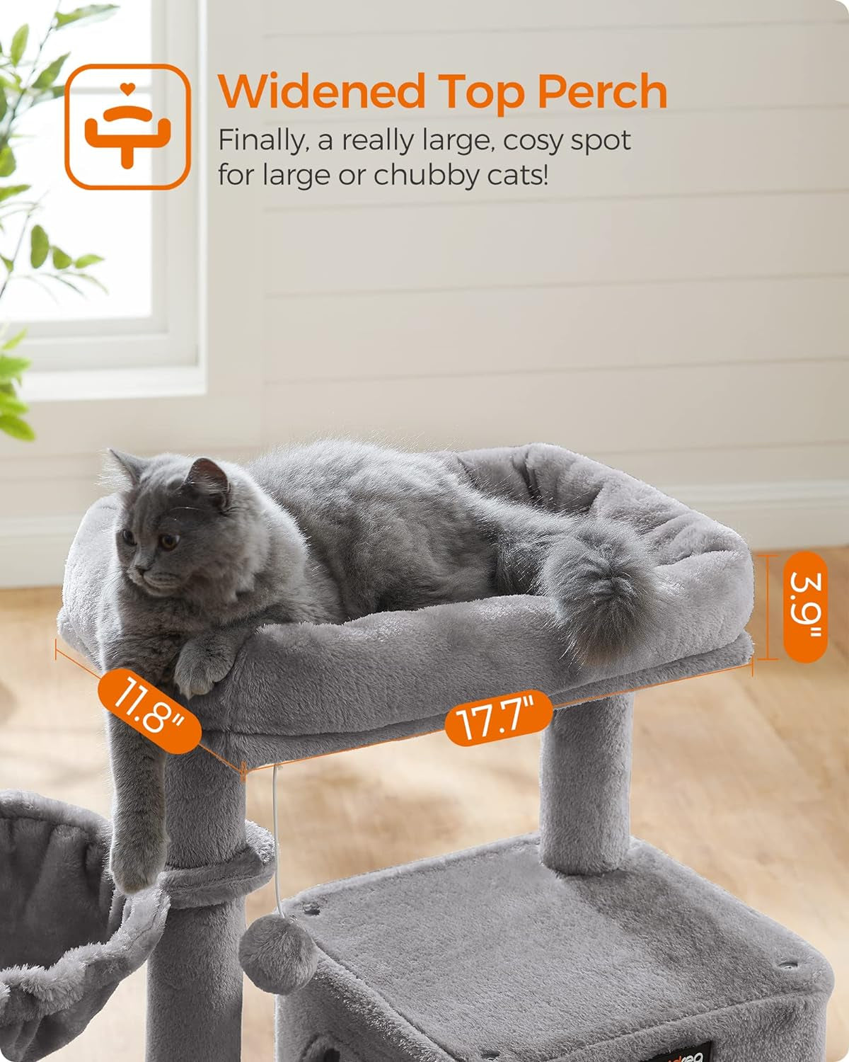 Cat Tree, Small Cat Tower with Widened Perch for Large Cats Indoor, Kittens, 37.8-Inch Multi-Level Cat Condo, Scratching Posts and Ramp, 2-Door Cat Cave, Cat Basket, Light Gray UPCT51W