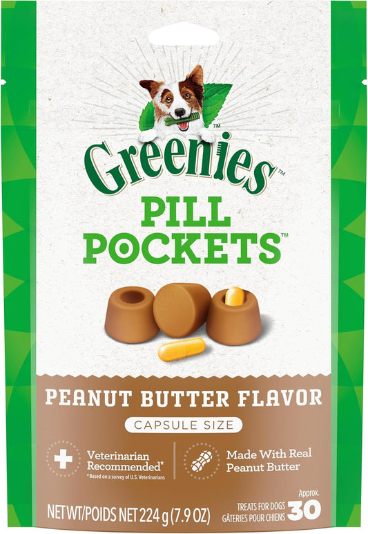 Pill Pockets Adult Dog Treats Capsule Size Natural Soft with Real Peanut Butter, (30 Treats) 7.9Oz. Pack