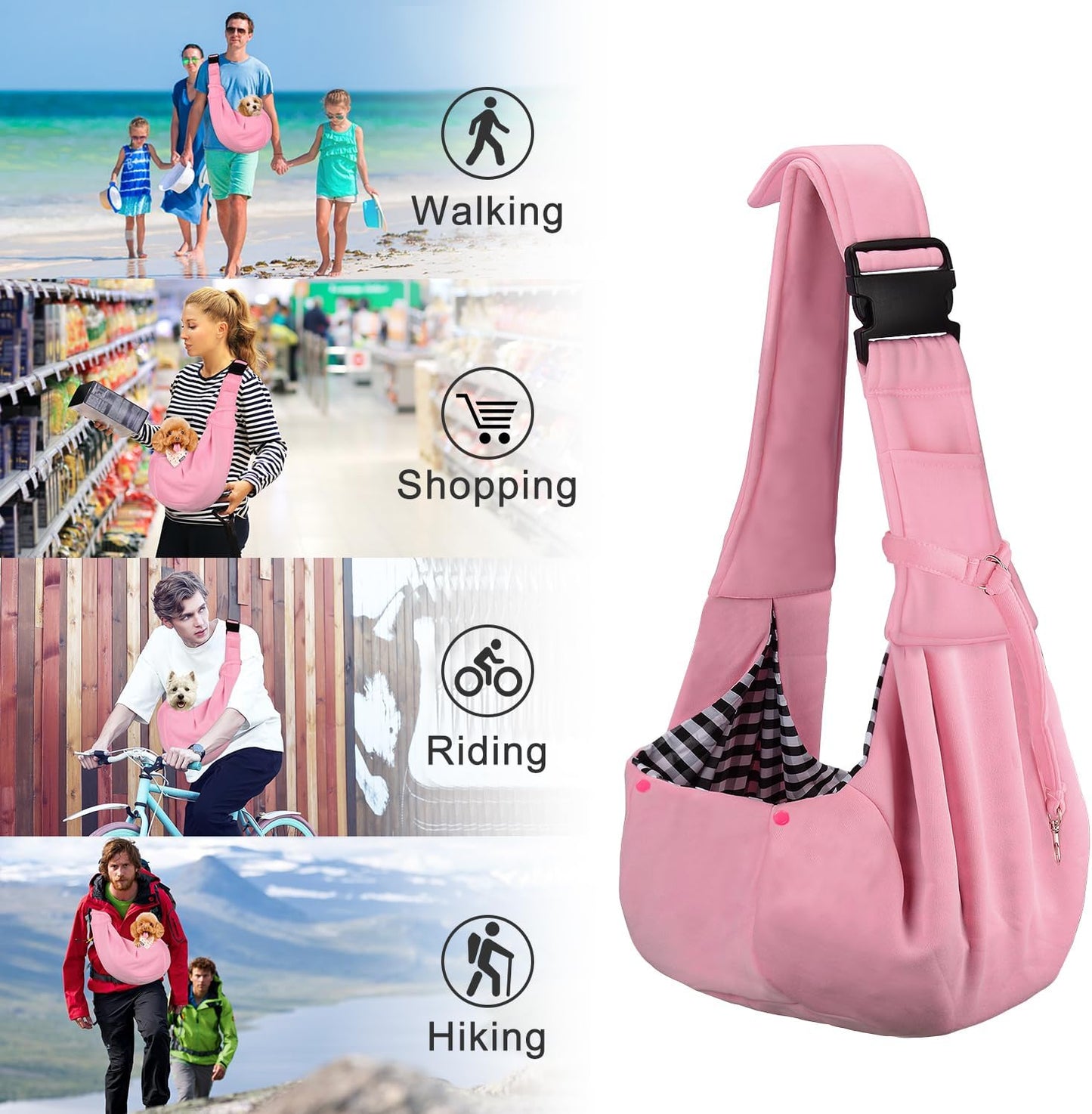 Reversible Dog Cat Sling Carrier, Small Dog Carrier, Adjustable Dog Sling, Hands Free Cross Body Carrier with Collar Hook for Dog/Cat/Bunny up to 11Lb/4.99Kg, Light Pink