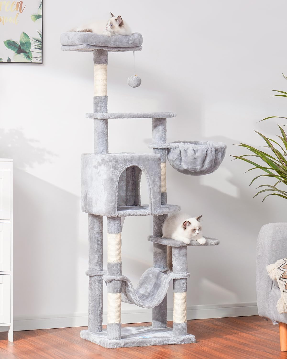 Cat Tree with Large Hammock, Multi-Level Cat Tower for Indoor Cats, Cat Condo with Sisal-Covered Scratching Posts and Top Perch, Light Gray MPJ050W