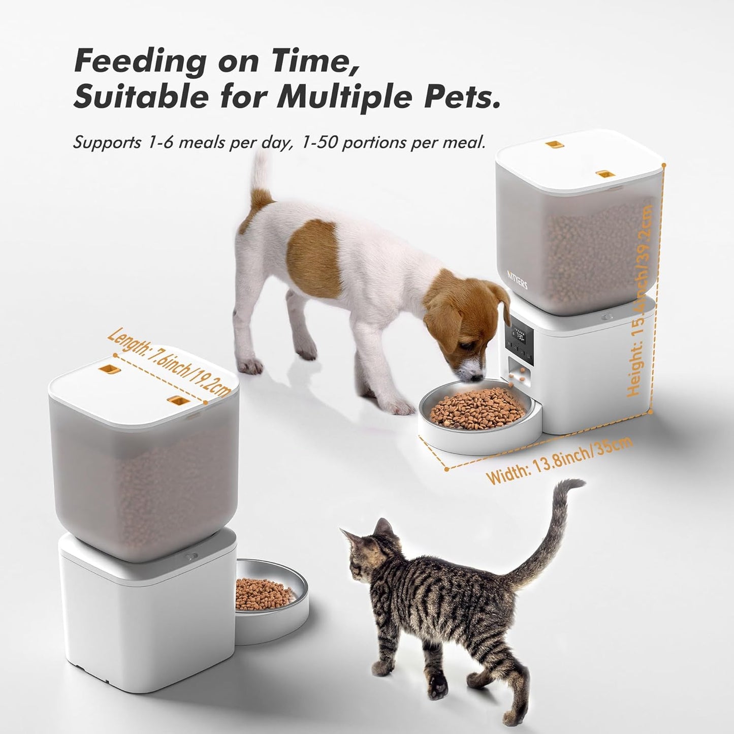 Automatic Dog Feeder - 8L/34 Cups Large Capacity Automatic Cat Food Dispenser Large Food Tray, Battery Operated, Timed Cat Feeder, up to 50 Portions 6 Meals per Day (White, One Bowl-Standard)