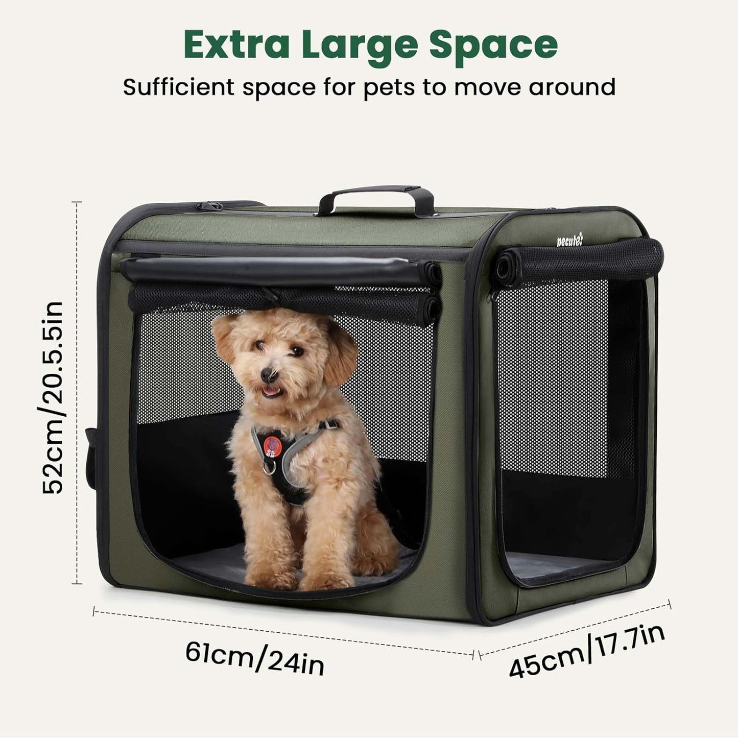 Dog Crate Foldable, Dog Car Seat, 61×45×52 Cm, Dog Carrier with Lockable Zipper and Adjustable Safety Strap for Indoor, Outdoor, and Car Use; Can Be Used as a Pet House, Pet Tent (Green)