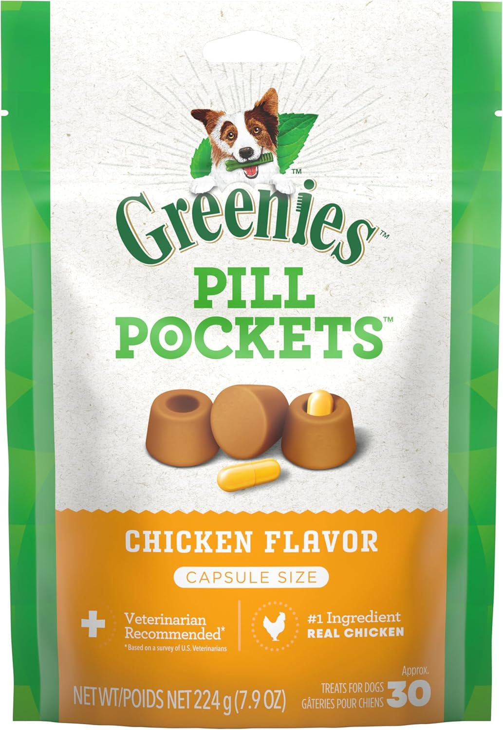 Pill Pockets Adult Dog Treats Capsule Size Natural Soft with Real Peanut Butter, (30 Treats) 7.9Oz. Pack