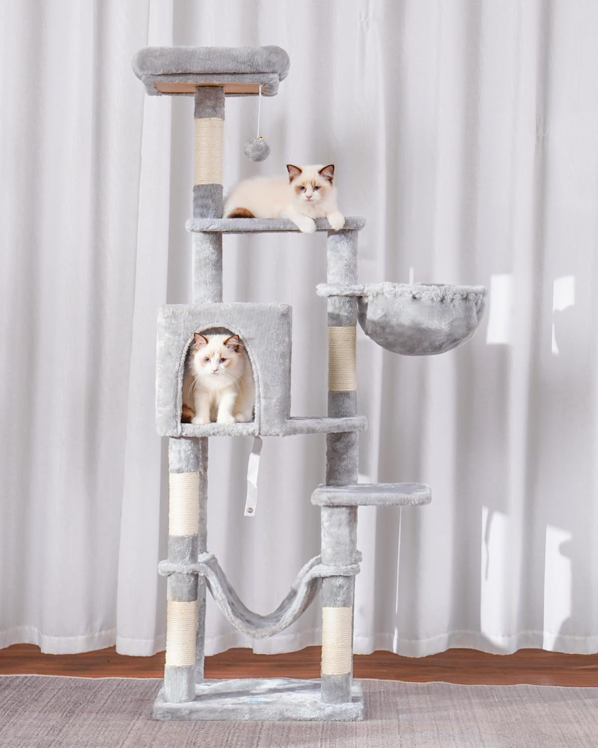 Cat Tree with Large Hammock, Multi-Level Cat Tower for Indoor Cats, Cat Condo with Sisal-Covered Scratching Posts and Top Perch, Light Gray MPJ050W