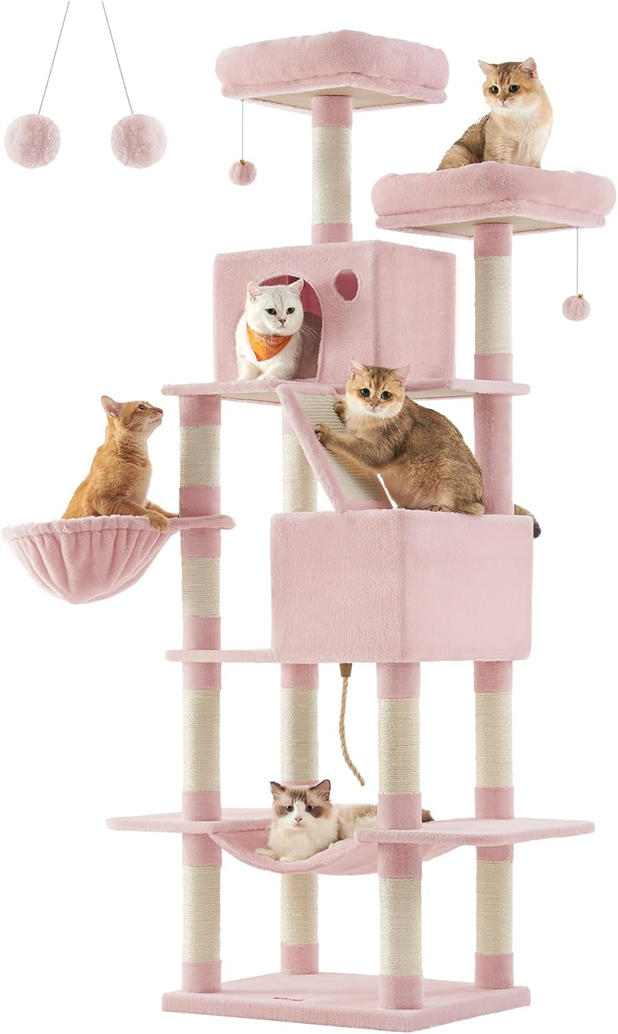 Cat Tree, 81.1-Inch Large Cat Tower with 13 Scratching Posts, 2 Perches, 2 Caves, Basket, Hammock, Pompoms, Multi-Level Plush Cat Condo for Indoor Cats, Smoky Gray UPCT190G01