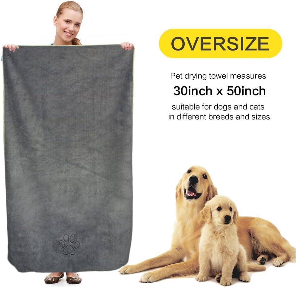 Microfiber Dog Towel Super Absorbent Pet Bath Towel Large Size for All Dogs and Cats with Embroidered Paw Print 30Inch X 50Inch Gray