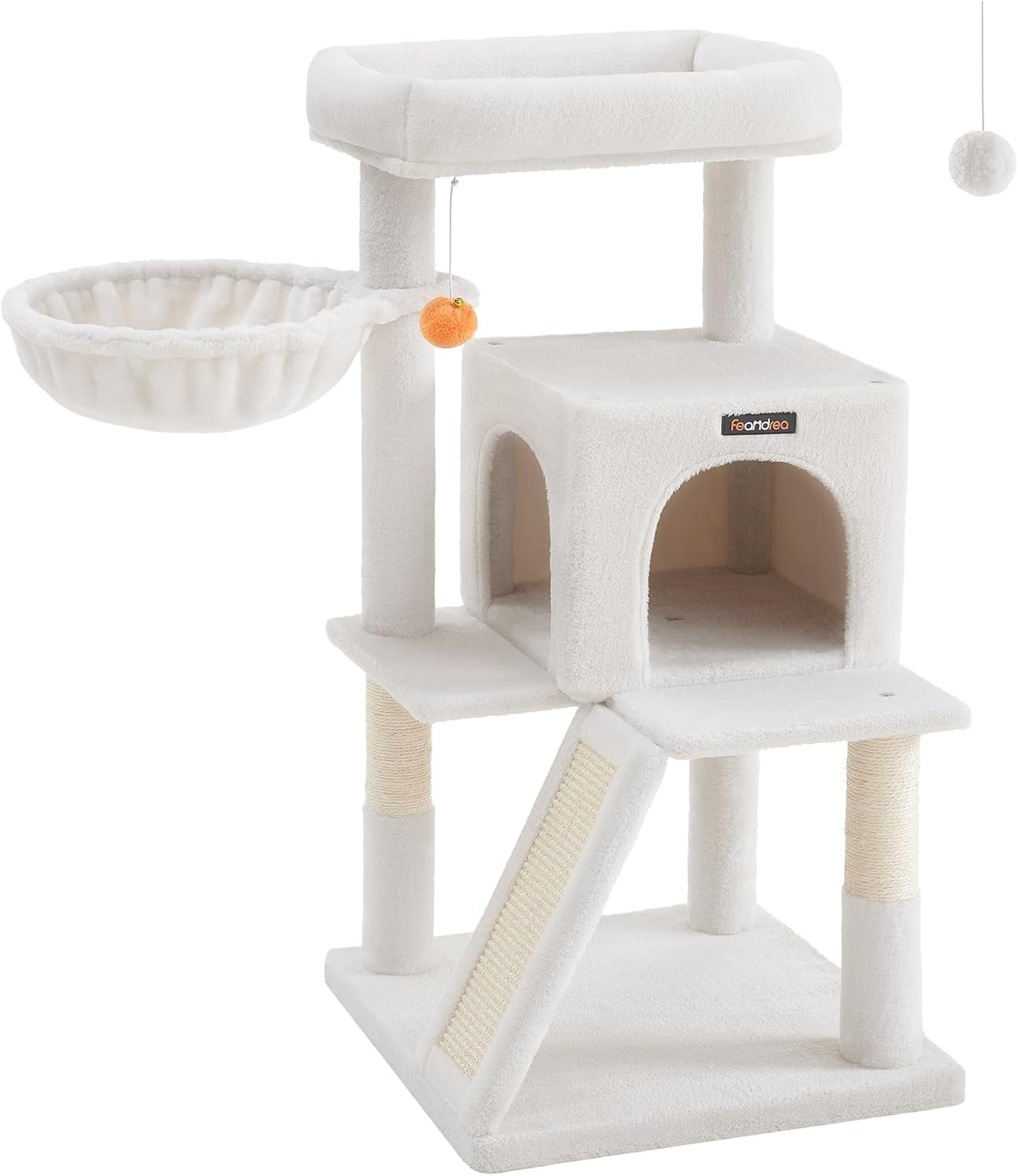 Cat Tree, Small Cat Tower with Widened Perch for Large Cats Indoor, Kittens, 37.8-Inch Multi-Level Cat Condo, Scratching Posts and Ramp, 2-Door Cat Cave, Cat Basket, Light Gray UPCT51W