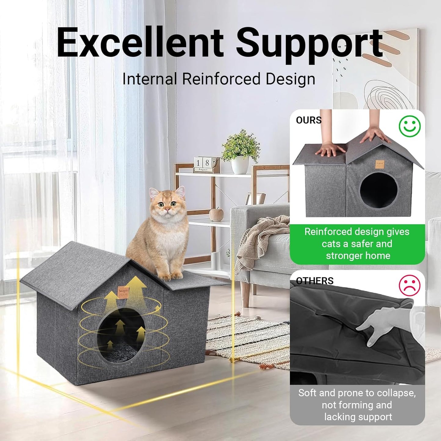 Cat House, Outdoor Cat House for outside Community Cats, Stray and Feral Cats with Removable Soft Cushion, Weatherproof Warm and Insulated Cat Shelte, Easy to Assemble Collapsible House